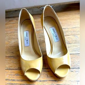 Jimmy Choo Beige Patent Peep Toe Pumps Platforms
